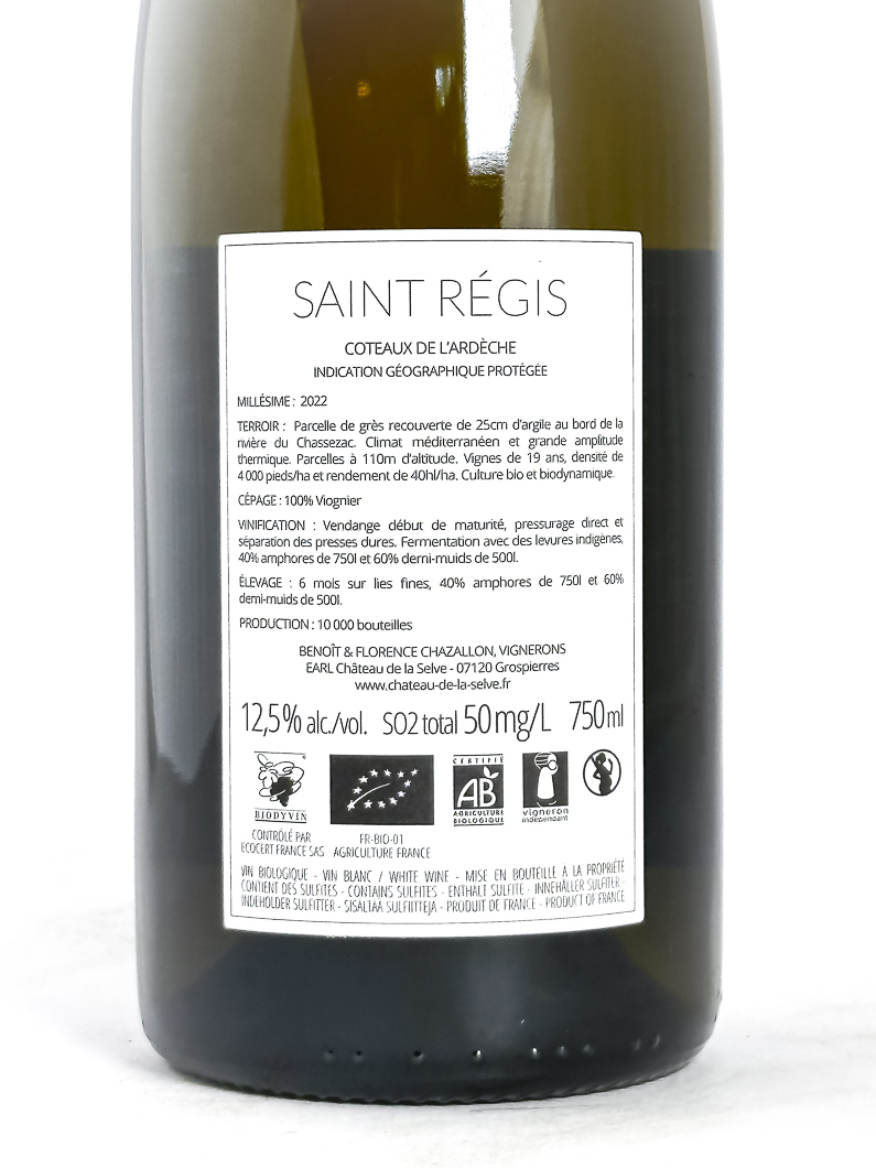 IGP coteaux de l'Ardeche Chateau de la Selve saint regis 2022 75 cl Blanc