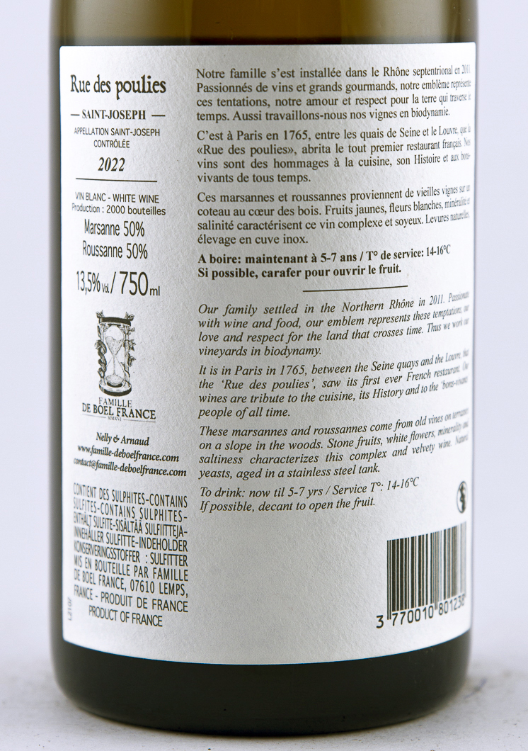 Saint Joseph de boel france Rue des Poulies conversion BIODYMIE 2022 75 cl Blanc