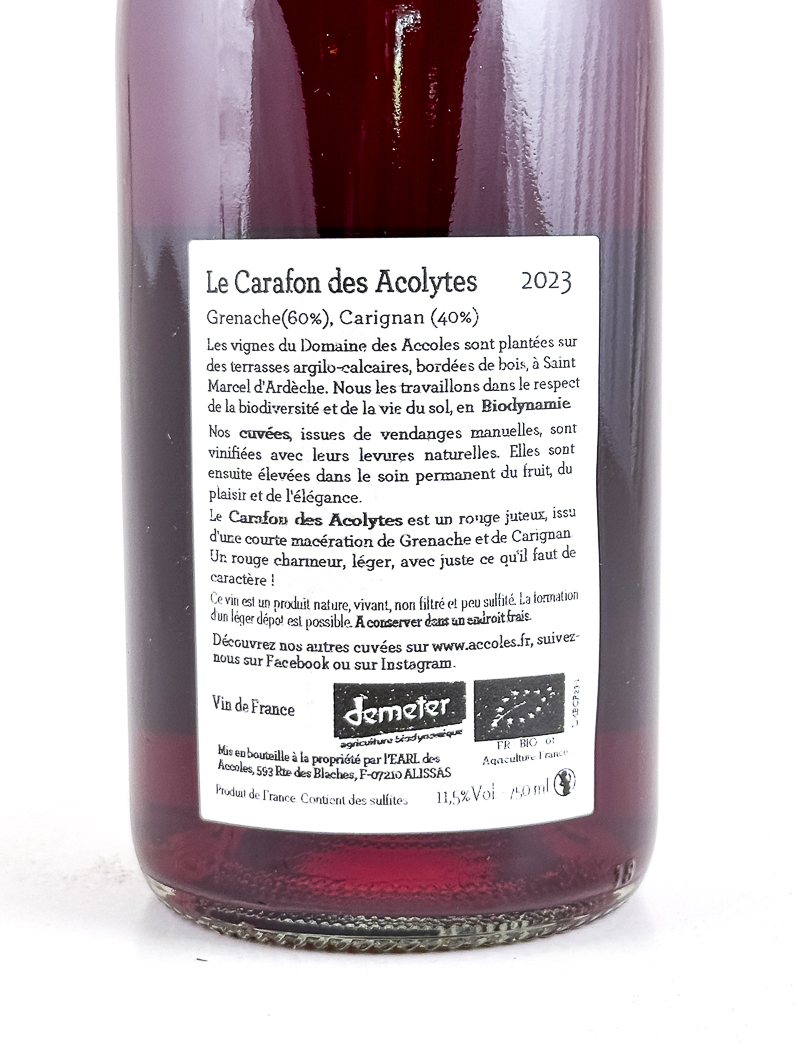 Vin de France Accoles le carafon des acolytes BIO 2023 75 cl Rouge