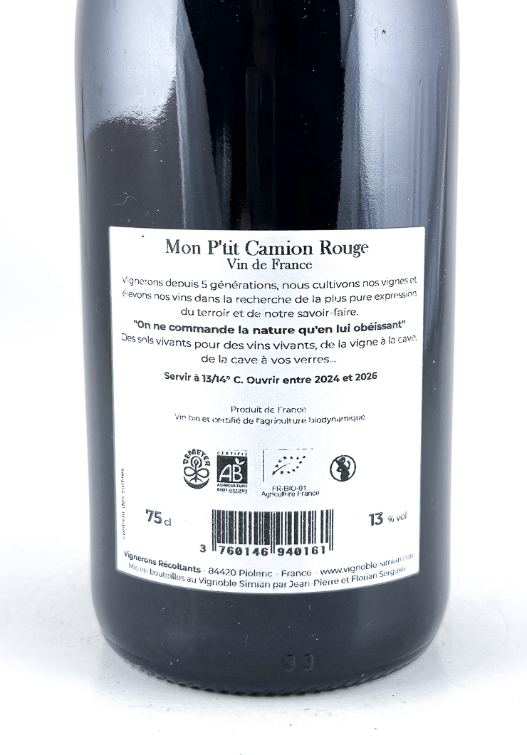 Vin de France Simian mon petit camion BIO 2023 75 cl Rouge