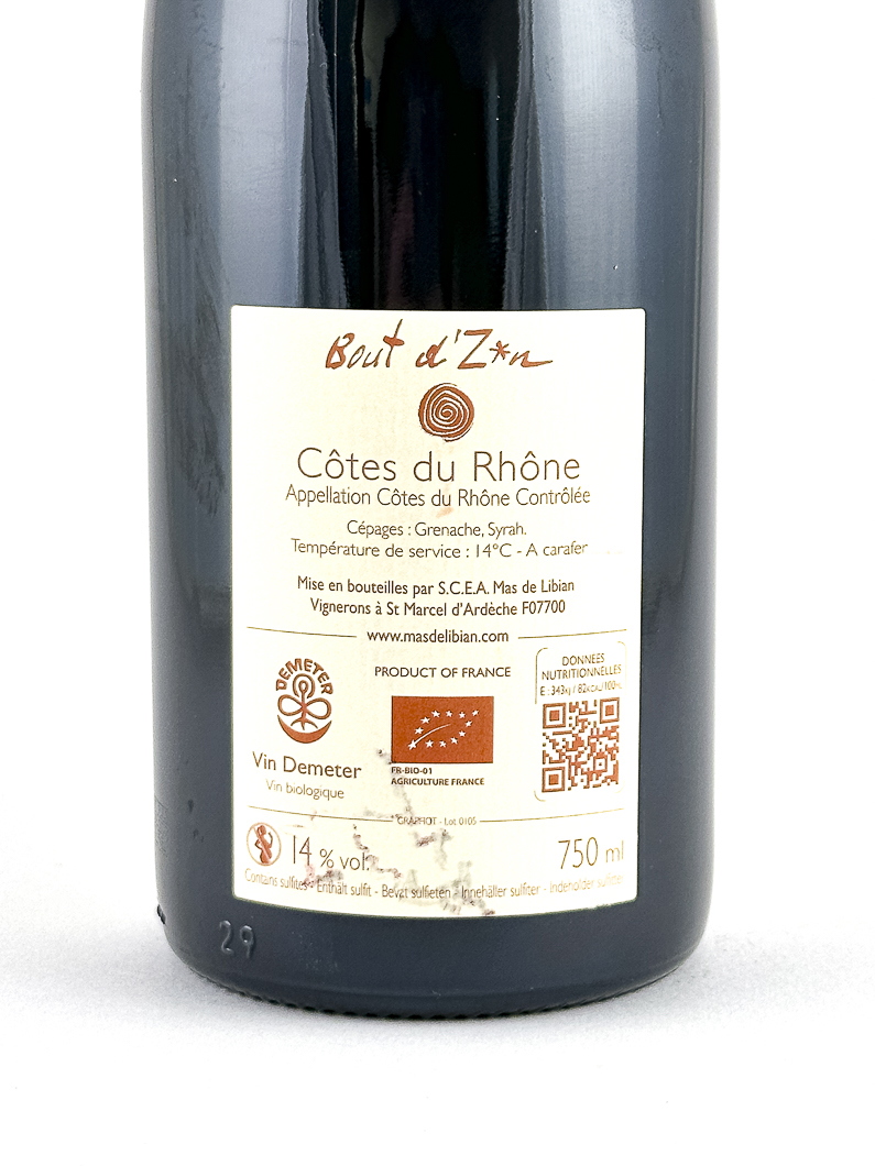 Côtes du Rhône Mas de Libian Bout d'zan BIO 2023 75 cl Rouge