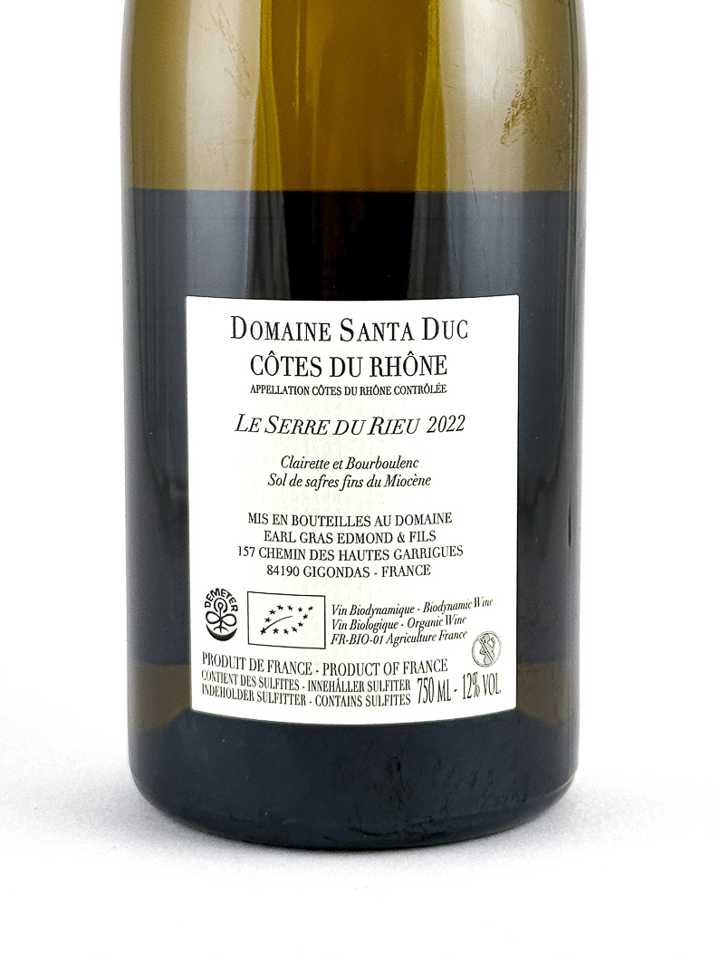 Côtes du Rhône, AOP Santa Duc Le serre du Rieu, BIO, Biodynamie 2022 75 cl Blanc