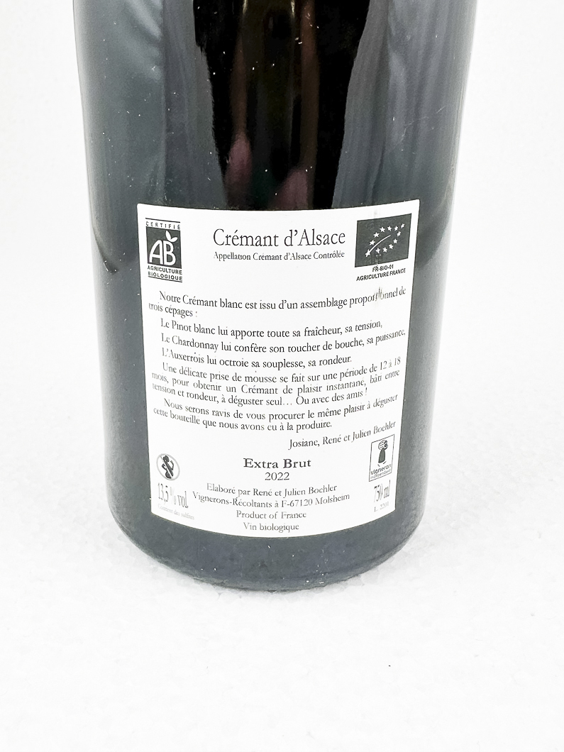 Alsace Boehler cremant extra brut, BIO 2022 75 cl Bulles - Blanc
