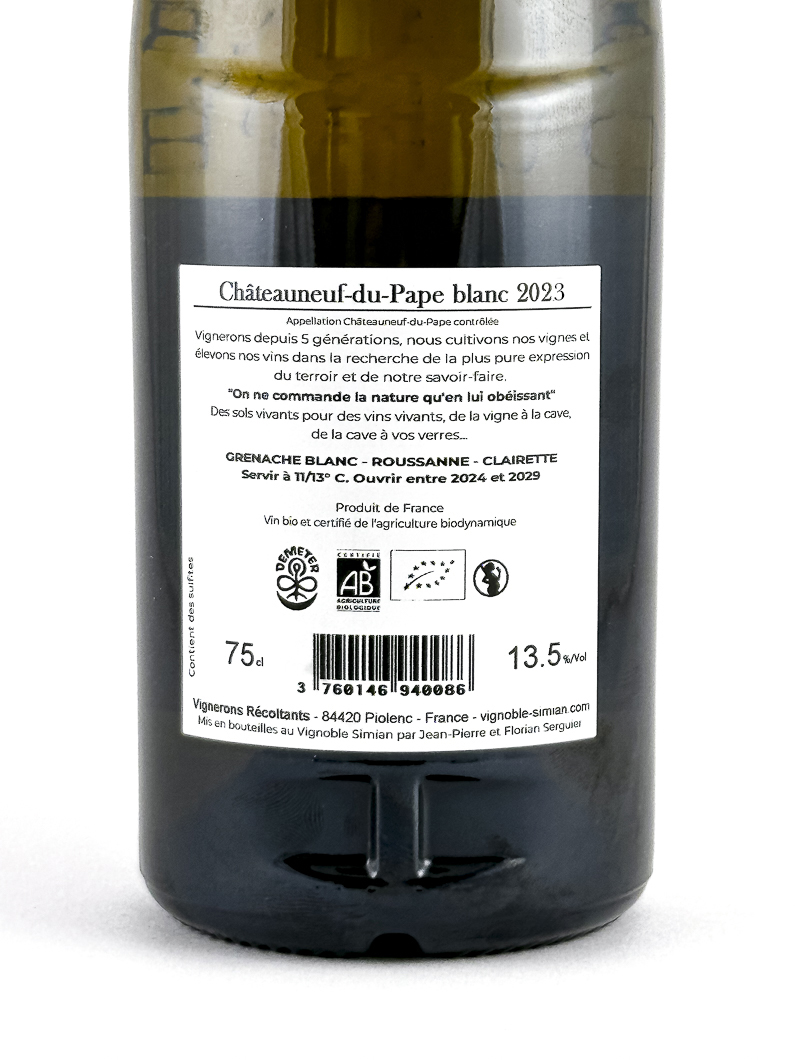 Châteauneuf du pape Simian Traversier BIO 2023 75 cl Blanc