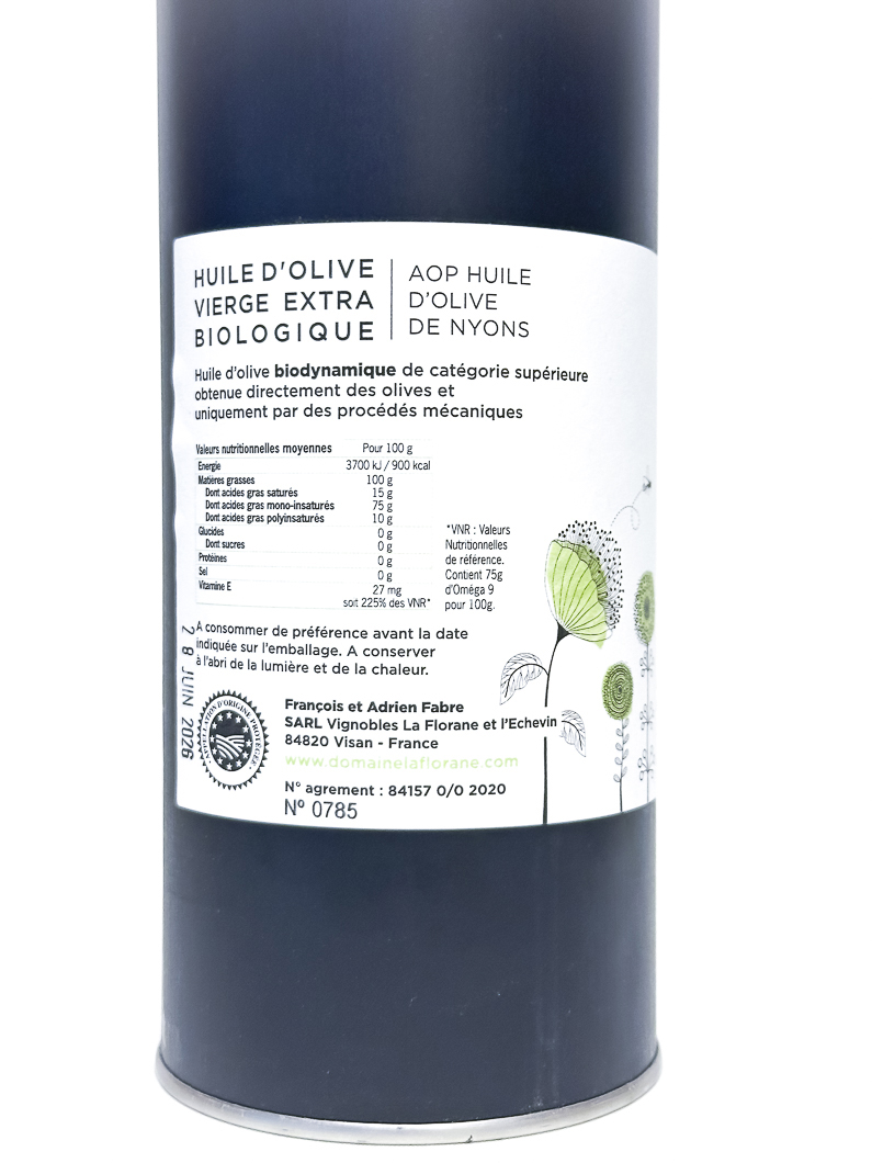 Huile d'Olive AOP de Nyons, bidon acier noir La Florane Extra Vierge , Biodynamie 100 cl