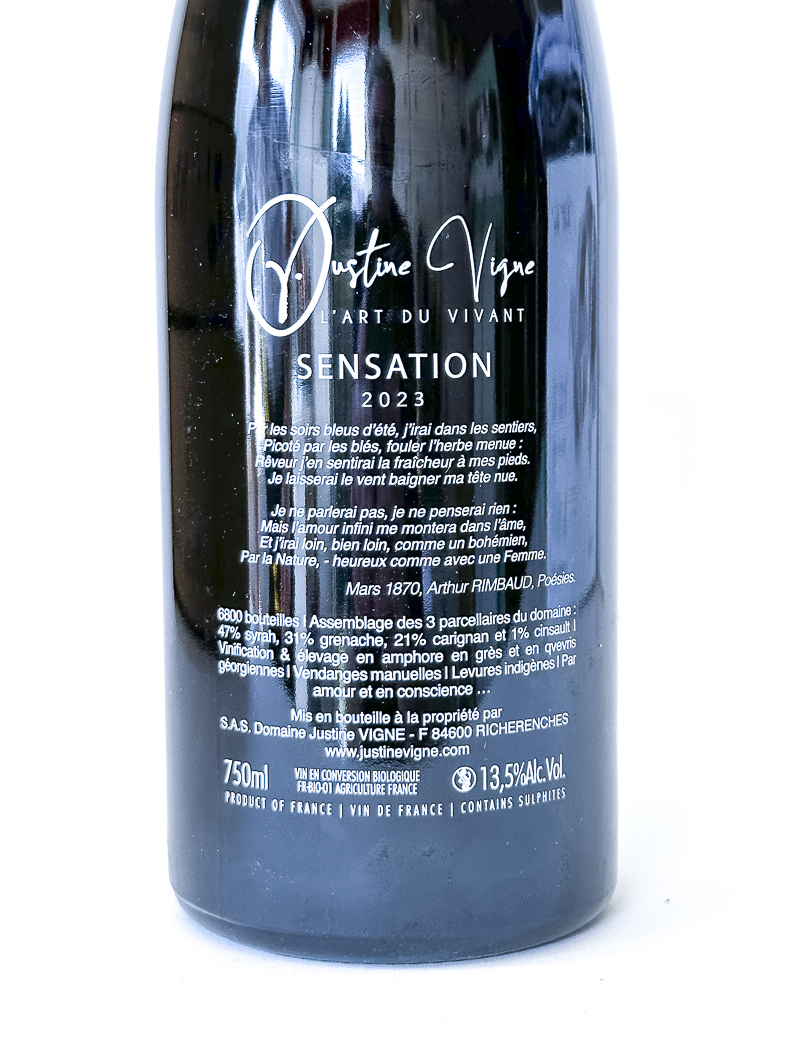 Vin de France, conversion Bio Justine Vigne Sensation 2023 75 cl Rouge