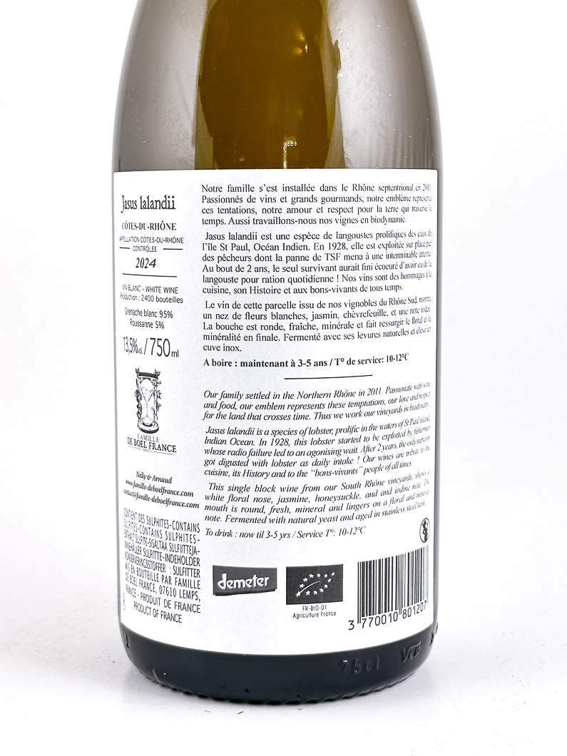 Côtes du Rhône de boel france jasus lalandii BIODYNAMIE 2024 75 cl Blanc