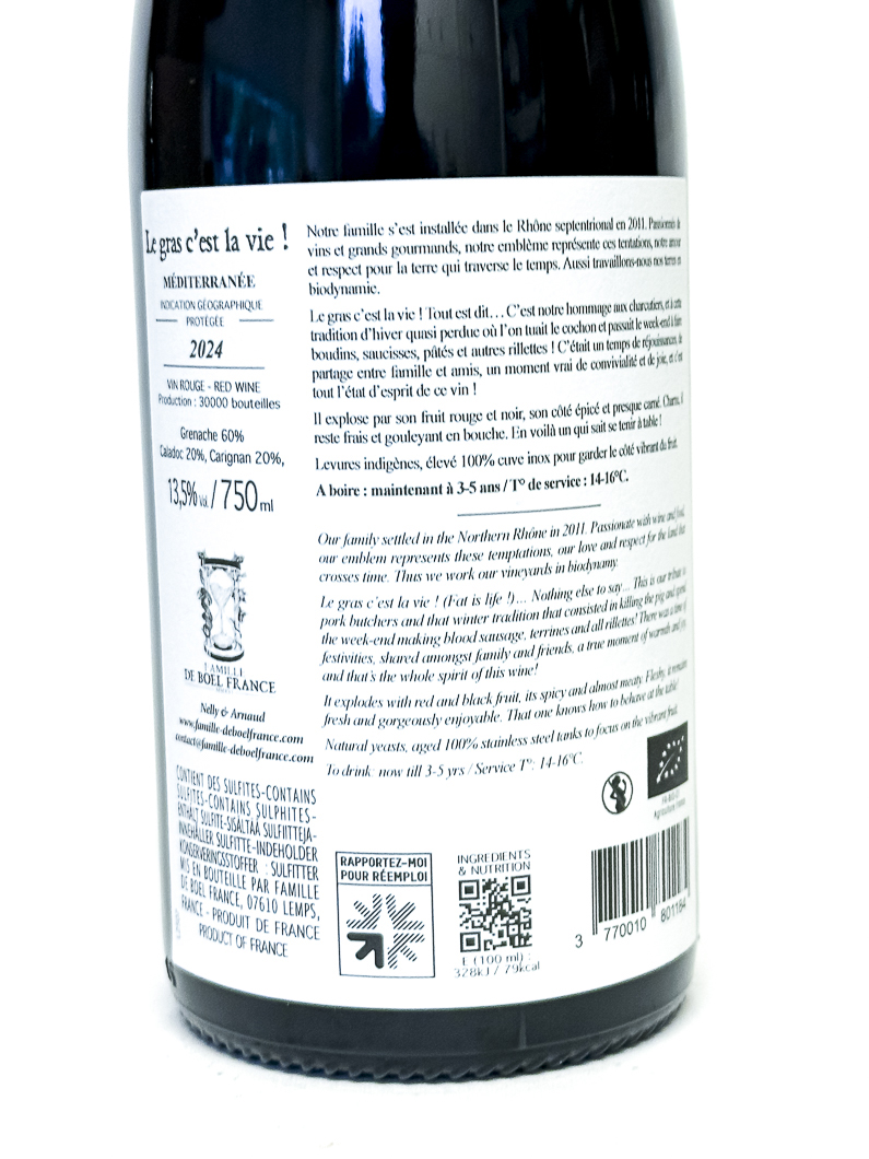 IGP mediterranée de boel france le gras c'est la vie  BIO 2024 75 cl Rouge