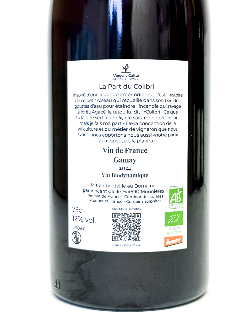Vin de France Le fayt d'homme, Vincent caille La part du colibri Abouriou  BIO, Biodynamie 2023 75 cl Rouge